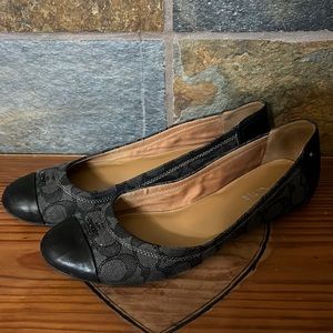 Coach ballet black flats size 9- signature print fabric, leather toe and heel